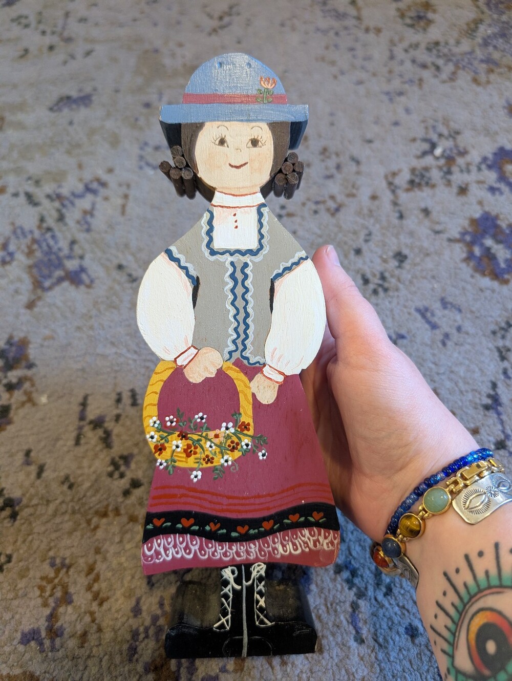 Hand Painted Wooden Folk Art Girl Figurine, Multicolor Holding Flower Basket